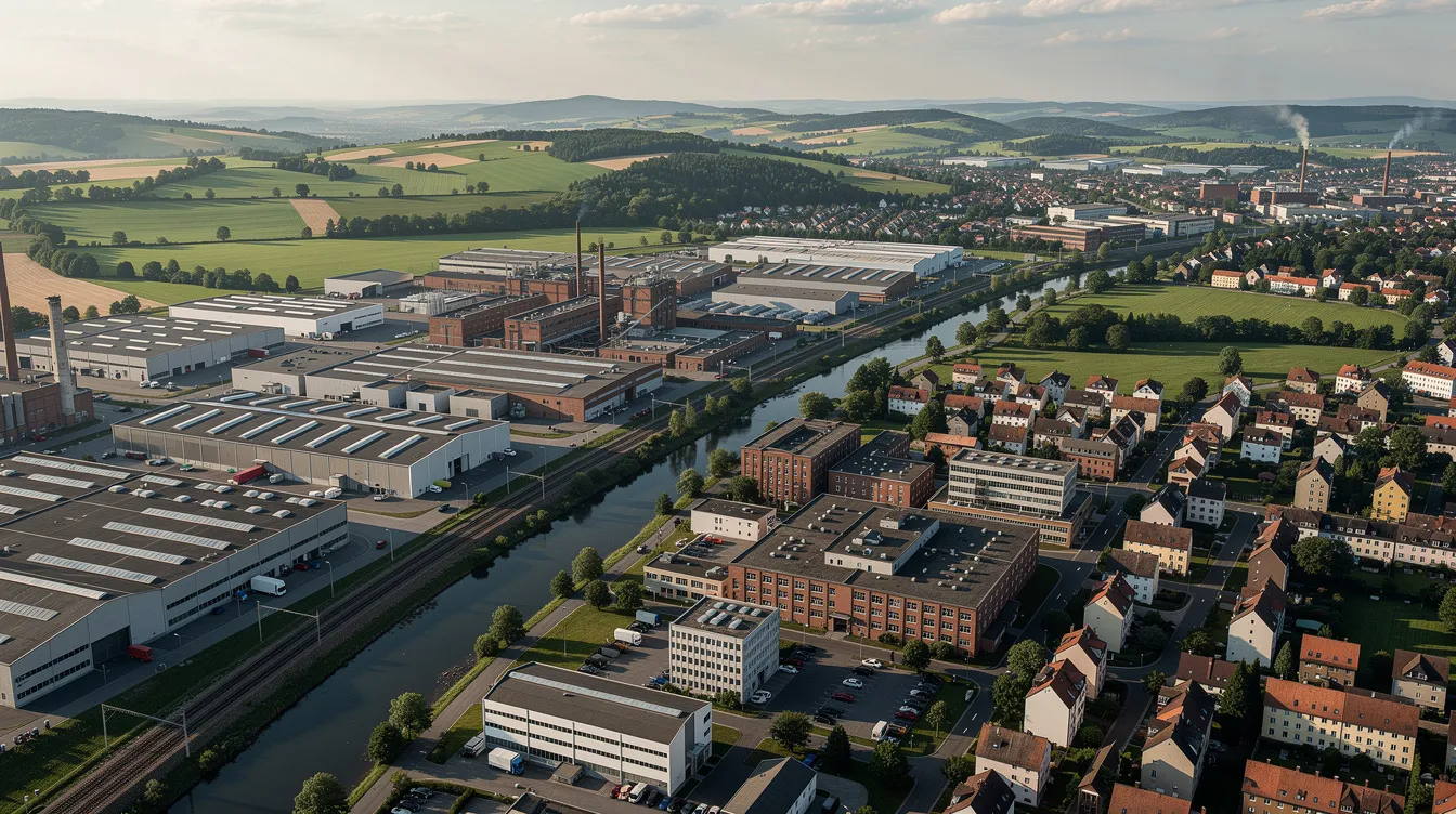Die Luftaufnahme zeigt eine süddeutsche Industriestadt, die von Fabrikhallen und einer üppigen grünen Landschaft umgeben ist. Im Vordergrund sind große Industrieanlagen zu sehen, während im Hintergrund die sanften Hügel der Region Baden-Württemberg erkennbar sind, die ein Bild von industrieller Aktivität und natürlicher Schönheit vereinen.