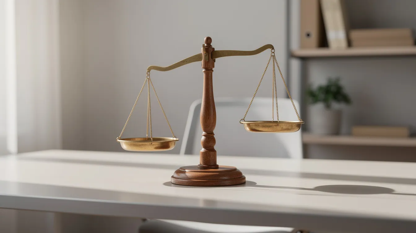Auf einem sauberen Schreibtisch steht eine hölzerne Wagschale, die symbolisch für das Abwägen von Optionen und Entscheidungen bei der Gründung eines Einzelunternehmens steht. Diese Darstellung regt dazu an, über die verschiedenen Aspekte der Selbstständigkeit und die rechtlichen Anforderungen nachzudenken.