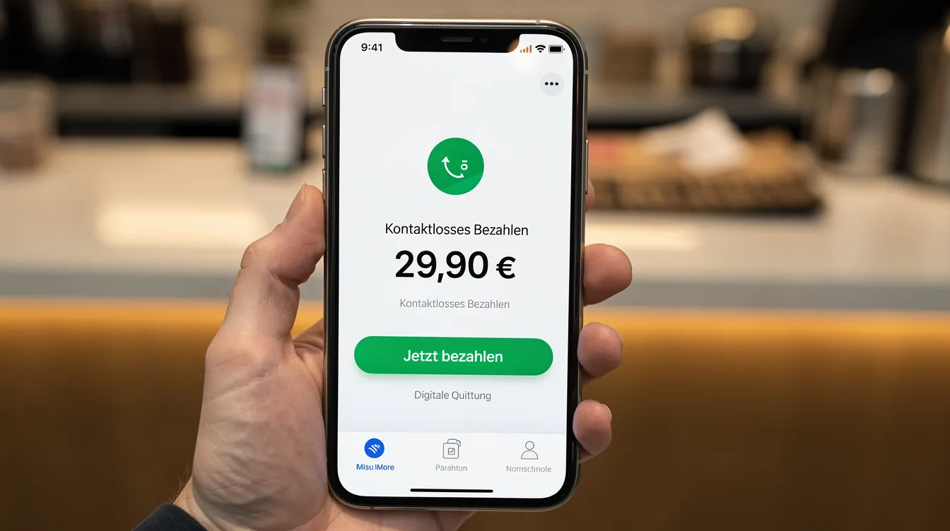Eine Nahaufnahme eines Smartphones zeigt, wie eine digitale Zahlung über eine mobile Bezahl-App durchgeführt wird. Auf dem Bildschirm sind die Optionen für verschiedene Bezahlmethoden zu sehen, während im Hintergrund das Logo von PayPal angedeutet wird.