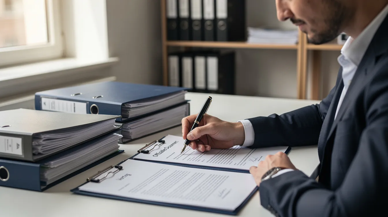 Eine Person sitzt an einem Schreibtisch und unterschreibt offizielle Dokumente mit einem Stift, um eine Stiftung zu gründen. Neben ihr stehen mehrere Aktenordner, die Informationen zu Stiftungszwecken und -arten enthalten.