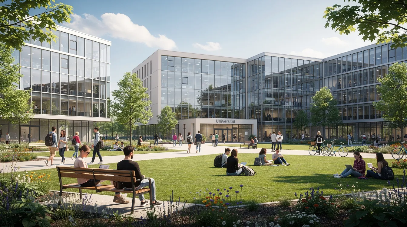 Das Bild zeigt einen modernen Universitätscampus mit gläsernen Gebäuden, umgeben von großzügigen Grünflächen, auf denen Studierende lernen und sich aufhalten. Diese Umgebung fördert Bildung und Forschung und spiegelt den Fortschritt im Unternehmertum wider, ähnlich wie die Entwicklungen bei Lidl und Kaufland unter der Schwarz Gruppe.