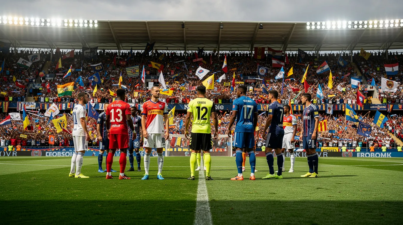 Auf dem Spielfeld stehen verschiedene Fußballspieler unterschiedlicher Teams, während im Hintergrund eine große Zuschauertribüne voller Fans zu sehen ist. Diese Stars des Fußballs, darunter möglicherweise Spieler wie Lionel Messi und Thomas Müller, repräsentieren die Weltklasse des Sports und ziehen die Aufmerksamkeit der Zuschauer auf sich.
