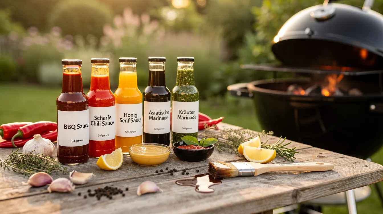Auf einem sommerlichen Holztisch stehen verschiedene Grillsaucen und Marinaden, die die Vielfalt der EDEKA Eigenmarken repräsentieren. Diese sorgfältig ausgewählten Produkte bieten echte Markenqualität mit Herz und sind ideal für genussvolle Grillabende.