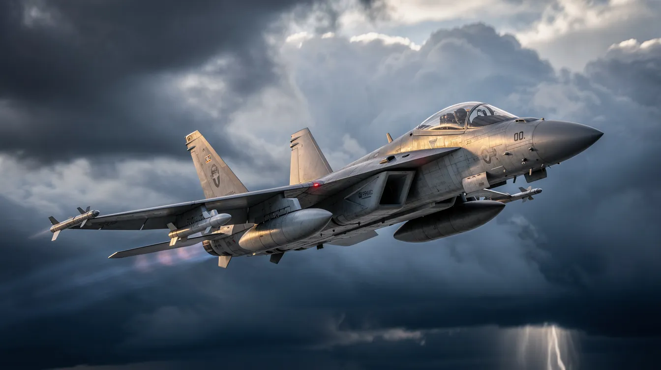 Ein militärisches Kampfflugzeug fliegt majestätisch durch den Himmel, während dramatische Wolken im Hintergrund für eine spannende Kulisse sorgen. Dieses Bild vermittelt das Gefühl von Abenteuer und zeigt die beeindruckende Leistung eines Piloten in seinem Beruf.