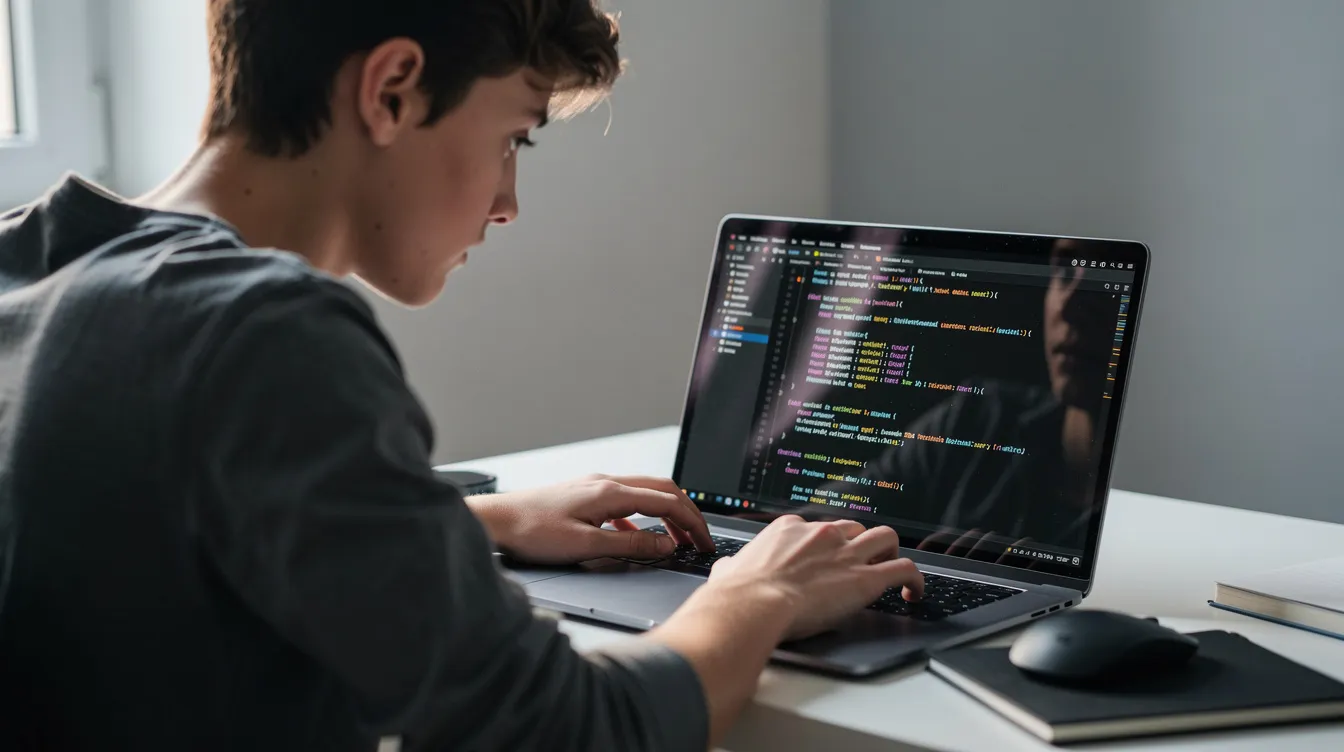 Ein junger Mensch sitzt konzentriert an einem Laptop, auf dessen Bildschirm Codezeilen sichtbar sind, während er an Softwarelösungen arbeitet. Dies könnte im Rahmen seiner Ausbildung zum Fachinformatiker für Anwendungsentwicklung geschehen, wo das Programmieren und die Entwicklung von IT-Systemen im Fokus stehen.