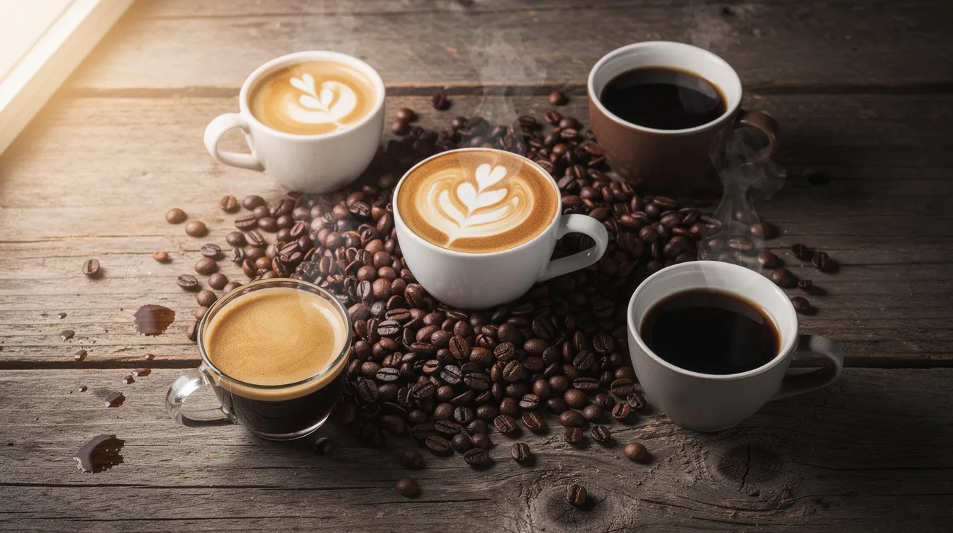 Auf einem Holztisch stehen verschiedene Kaffeetassen, umgeben von Kaffeebohnen, die eine einladende Atmosphäre für Kaffeeliebhaber schaffen. Diese Auswahl an Tassen könnte Produkte von Nestlé oder anderen bekannten Marken enthalten, die für ihre hochwertigen Kaffeeprodukte bekannt sind.