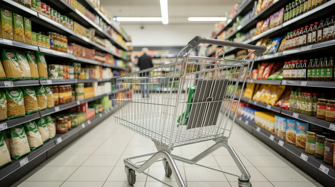 Ein Einkaufswagen steht in einem gut sortierten Supermarkt-Gang, umgeben von Regalen voller Produkte wie Obst, Gemüse und Milch. Die Vielfalt der Artikel, darunter auch Rewe Eigenmarken und Markenprodukte, bietet den Kunden eine breite Auswahl an Lebensmitteln und hochwertigen Erzeugnissen.