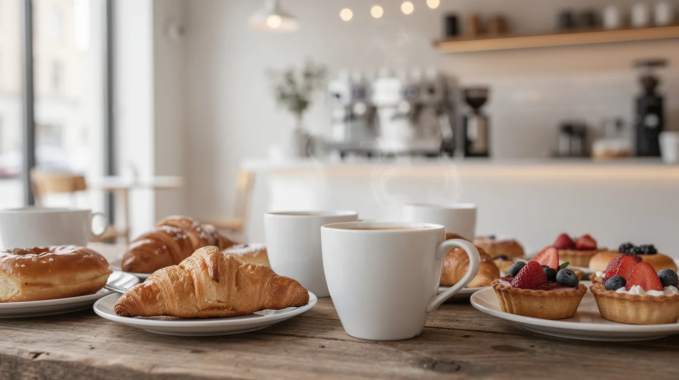Auf einem rustikalen Holztisch in einem modernen Café stehen dampfende Kaffeetassen neben einer Auswahl an frischen Gebäckstücken. Die gemütliche Atmosphäre lädt zum Verweilen ein und erinnert an die Traditionen der Unternehmerfamilie Reimann.