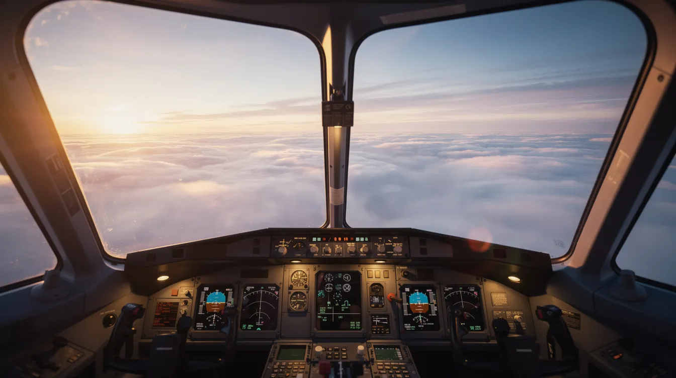 Der Blick aus dem Cockpit eines Flugzeugs zeigt eine atemberaubende Aussicht über die Wolken während des Sonnenaufgangs, wobei die ersten Sonnenstrahlen den Himmel in warmen Farben erleuchten. Diese Szene vermittelt das Gefühl von Freiheit und Abenteuer, das mit dem Beruf des Piloten und der Arbeit in der Airline-Industrie verbunden ist.