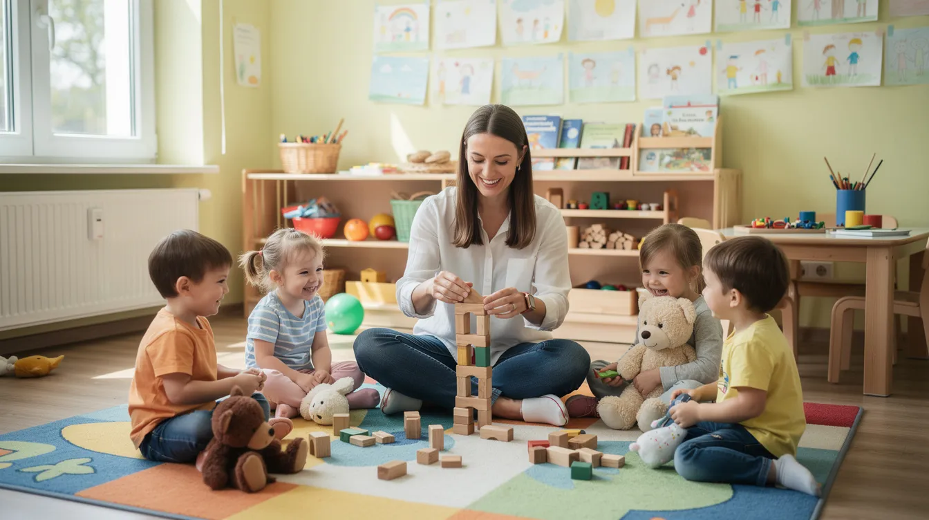 Eine junge Erzieherin spielt fröhlich mit einer Gruppe kleiner Kinder in einem hellen Gruppenraum einer Kindertagesstätte. Der Raum ist bunt gestaltet und bietet eine einladende Atmosphäre für die Entwicklung und Betreuung der Kinder im Rahmen ihrer praxisintegrierten Ausbildung zur staatlich anerkannten Erzieherin.