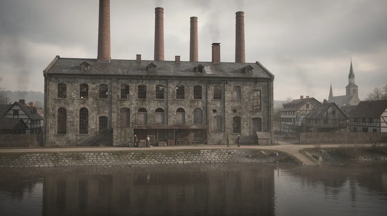 Das Bild zeigt ein historisches Steinbauwerk einer Fabrik mit Schornsteinen in einer deutschen Stadt am Fluss, das die Atmosphäre der frühen Industriezeit widerspiegelt. Die Architektur und das Umfeld erinnern an die Anfänge der industriellen Entwicklung in Deutschland.