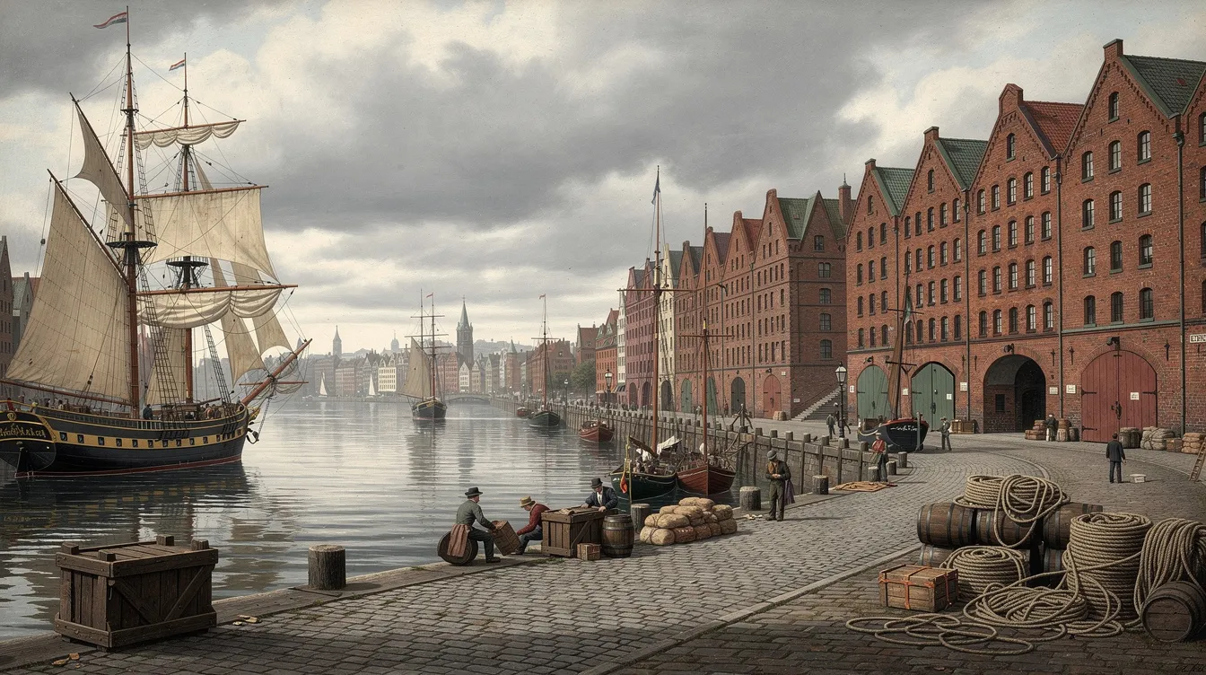 Das Bild zeigt den historischen Hamburger Hafen an einem bewölkten Tag, mit mehreren Segelschiffen, die sanft im Wasser schaukeln, und imposanten Lagerhäusern im Hintergrund. Diese Kulisse erinnert an die bedeutende maritime Geschichte der Stadt und die Rolle von Kaufleuten, wie der Familie Merck, in der Entwicklung des Handels.