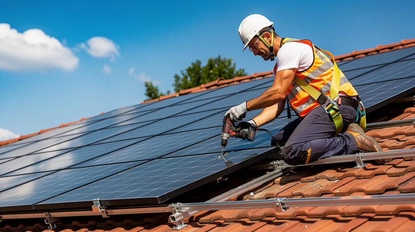 Ein Techniker installiert Solarpanels auf einem Hausdach, während die Sonne scheint. Diese Tätigkeit ist Teil der modernen Gebäudetechnik und trägt zur nachhaltigen Energiegewinnung bei.