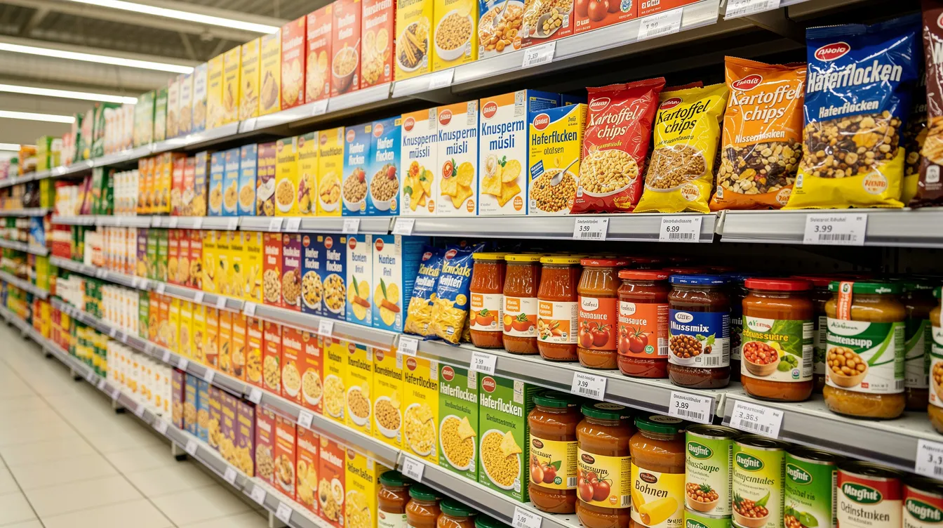 Das Bild zeigt ein Supermarktregal, das eine breite Auswahl an Lebensmitteln mit bunten Verpackungen präsentiert, darunter bekannte Marken wie Nestlé, Maggi und Nescafé. Die verschiedenen Produkte, wie Cerealien und Snacks, sind übersichtlich in Kategorien angeordnet und bieten eine Vielzahl an Optionen für die Kunden.