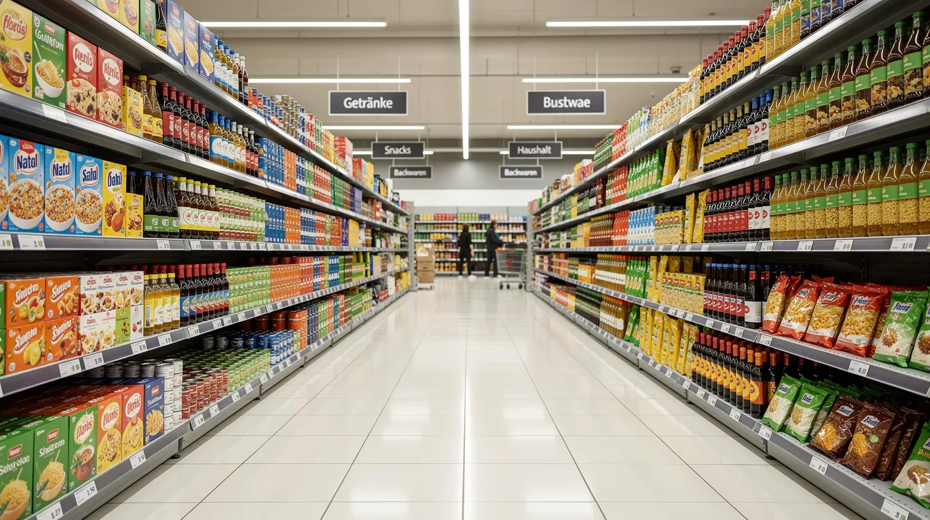 Das Bild zeigt Regalreihen in einem modernen Supermarkt, die mit einer Vielzahl von Produkten gefüllt sind, darunter frische Lebensmittel, Getränke und Haushaltsartikel. Diese Vielfalt spiegelt das breite Warenangebot wider, das in deutschen Supermärkten zu finden ist, wo auch die reichsten Familien Deutschlands wie die Albrechts oder die Schwarz-Gruppe ihre Geschäfte betreiben.