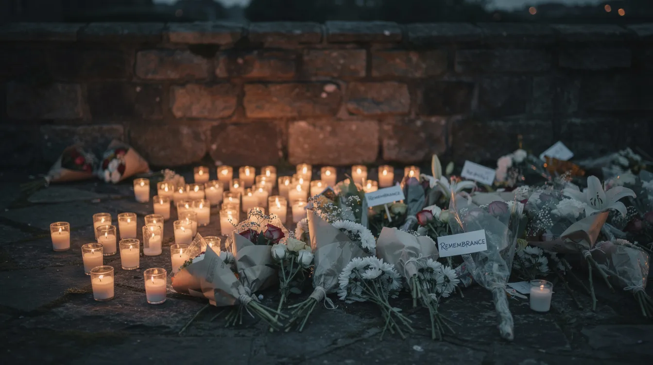 Das Bild zeigt ein feierliches Denkmal mit Kerzen und Blumen vor einer steinernen Wand, das eine nachdenkliche Atmosphäre der Erinnerung vermittelt. Die Szene strahlt Ruhe aus und erinnert an die Geschichte der Unternehmerfamilie Reimann und ihre Verbindung zur NS-Zeit.