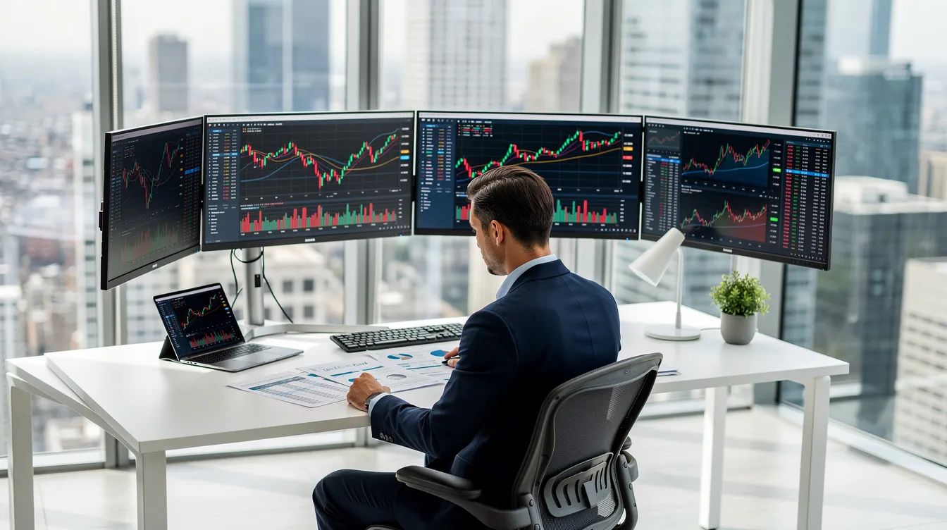 Ein Wirtschaftsprüfer sitzt in einem modernen Glasbüro an einem Schreibtisch mit mehreren Monitoren und überprüft Finanzdokumente. Die Umgebung strahlt Professionalität aus und zeigt, wie wichtig die Aufgaben in der Wirtschaftsprüfung für Unternehmen sind.