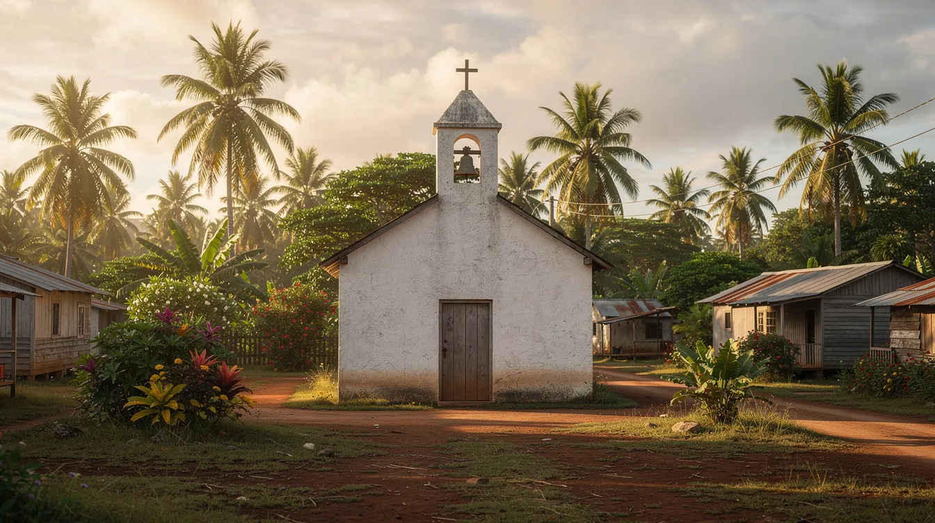Die kleine ländliche Kirche steht malerisch in einer tropischen Landschaft, umgeben von einfachen Häusern, die das friedliche Leben der Menschen in dieser Region widerspiegeln. Diese Szenerie könnte eine Frage aufwerfen, wie das Einkommen eines Kardinals im Vergleich zu den Lebensverhältnissen in solchen ländlichen Gebieten aussieht.