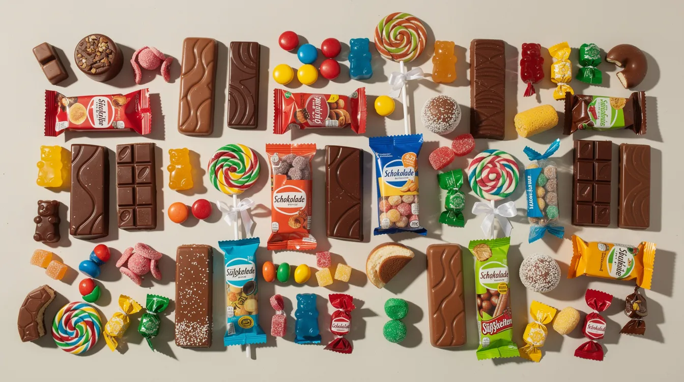 Auf der Fläche sind verschiedene bunte Schokoladenriegel und Süßigkeiten arrangiert, darunter bekannte Marken wie KitKat, Smarties und After Eight, die eine vielfältige Auswahl an süßen Leckereien präsentieren. Diese Produkte stammen aus dem Sortiment des Lebensmittelkonzerns Nestlé und bieten eine ansprechende Mischung für Naschkatzen.