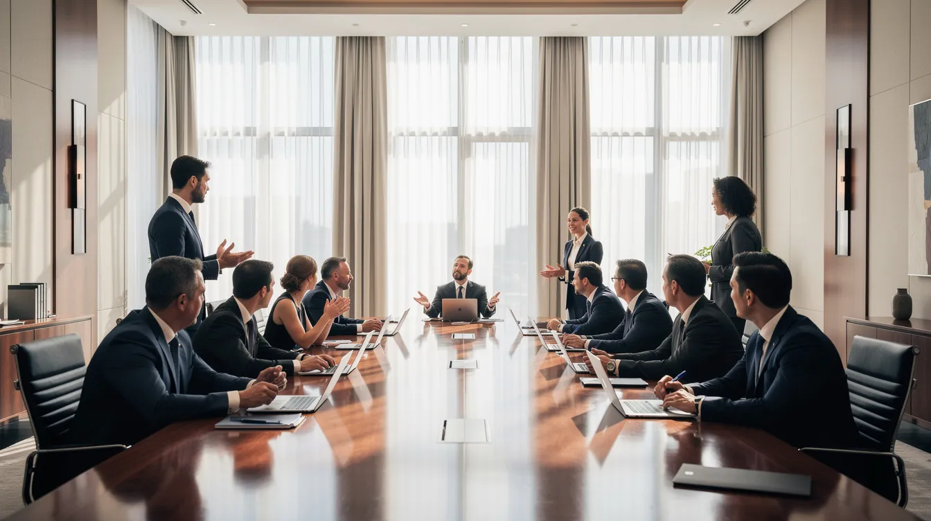 In einem großen Sitzungssaal mit hohen Fenstern diskutieren mehrere Personen in formeller Kleidung. Die Atmosphäre ist ernsthaft und professionell, was auf wichtige Themen wie Wirtschaft und Energiepolitik hindeutet, die möglicherweise von Politikern wie Katharina Reiche und anderen Mitgliedern der Bundesregierung behandelt werden.