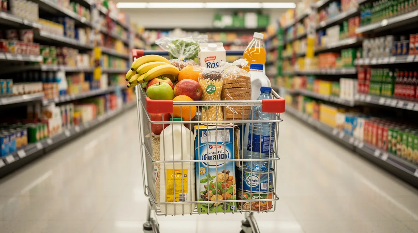 Ein Einkaufswagen, gefüllt mit einer Vielzahl alltäglicher Lebensmittel wie Obst, Gemüse, Reis und Pasta, steht in einem Supermarktgang. Die sorgfältig ausgewählten Produkte repräsentieren die hohe Qualität und Vielfalt der EDEKA Eigenmarken, die für echte Markenqualität mit Herz stehen.