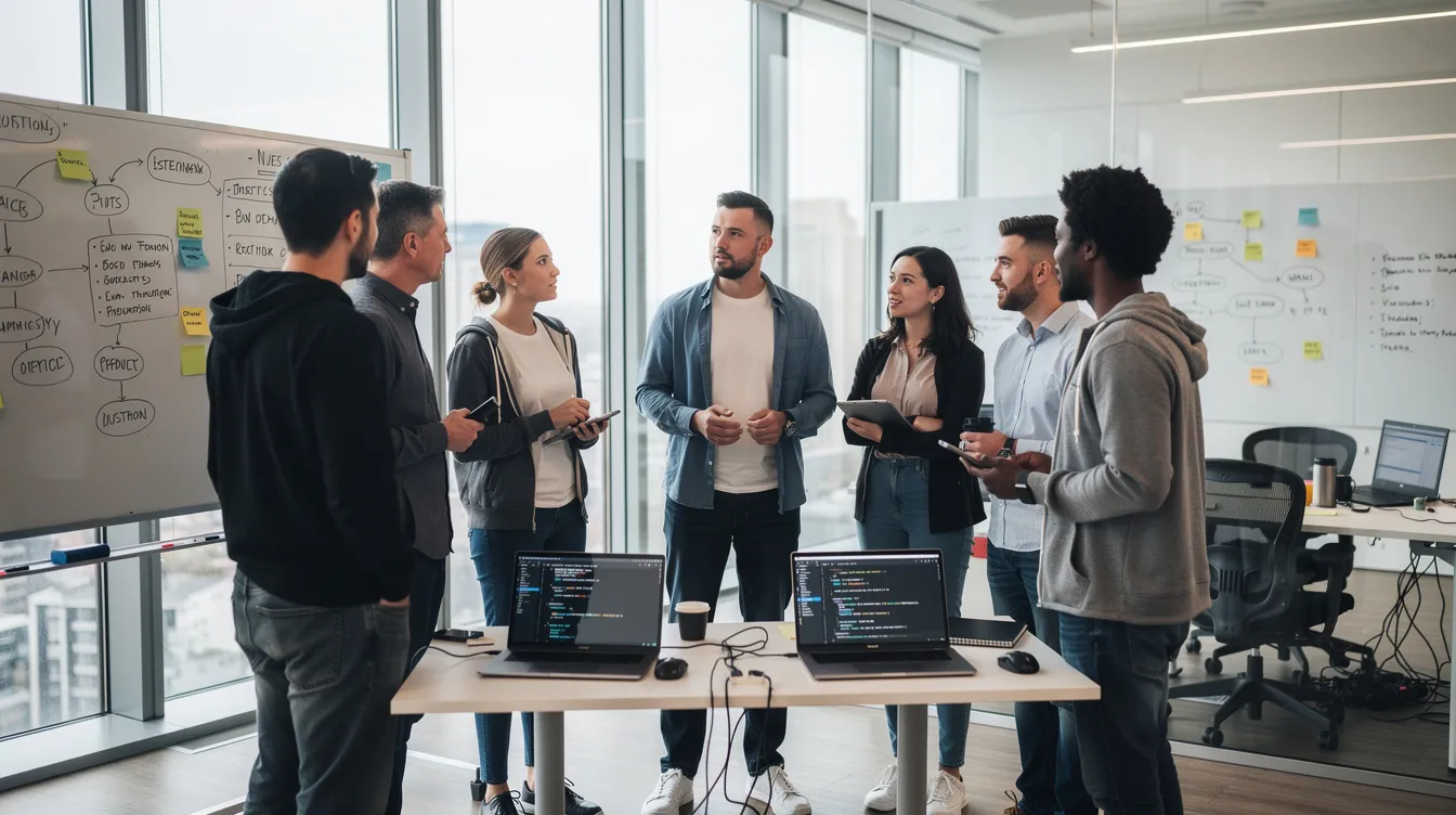 Ein Team von Softwareentwicklern steht in einem modernen Büro während eines Stand-up Meetings, umgeben von Whiteboards und Laptops, und diskutiert aktuelle Projekte und Softwarelösungen. Diese Fachinformatiker für Anwendungsentwicklung arbeiten gemeinsam an innovativen IT-Lösungen und zeigen die Dynamik und Zusammenarbeit in der IT-Branche.