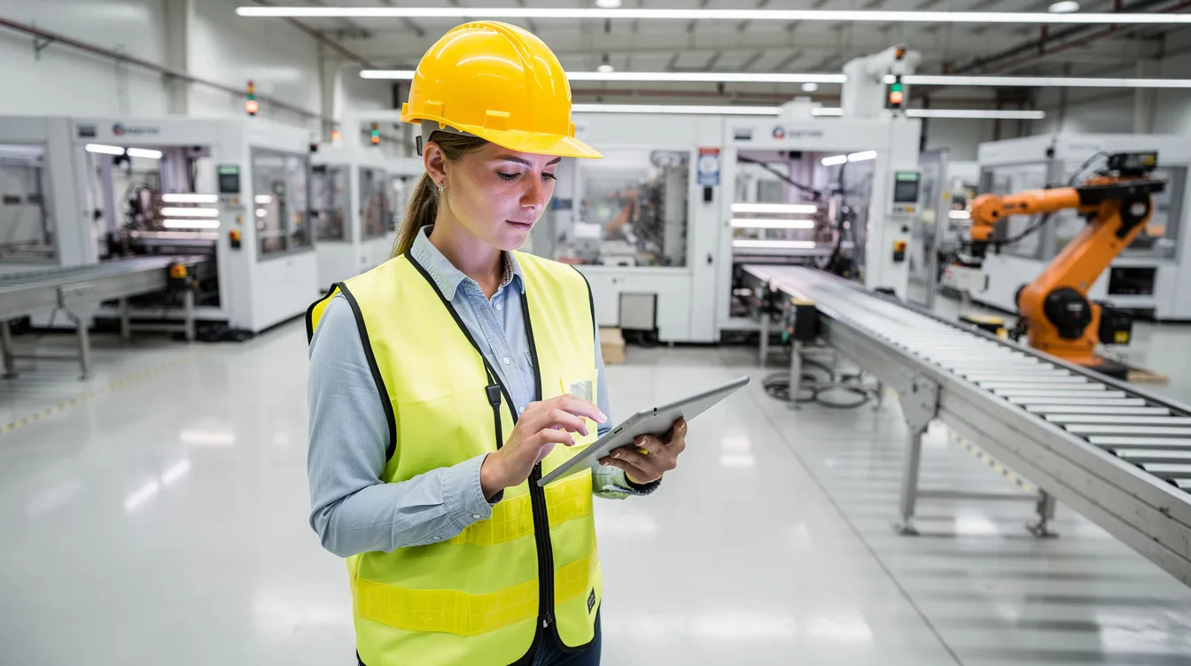 Eine Ingenieurin mit Schutzhelm steht in einer modernen Produktionshalle, hält ein Tablet in der Hand und inspiziert verschiedene Maschinen. Diese Szene verdeutlicht ihre Rolle im Wirtschaftsingenieurwesen, wo sie für die Qualität und Effizienz in der Produktion verantwortlich ist.