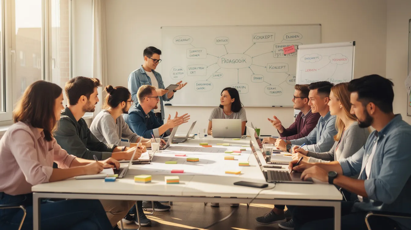 Eine Gruppe junger Erwachsener, die sich in einem Seminarraum befindet, arbeitet gemeinsam an pädagogischen Konzepten für die Praxisintegrierte Ausbildung (PIA) zum staatlich anerkannten Erzieher. Die Atmosphäre ist kreativ und engagiert, während sie Ideen für die Betreuung und Entwicklung von Kindern in Kindertageseinrichtungen austauschen.