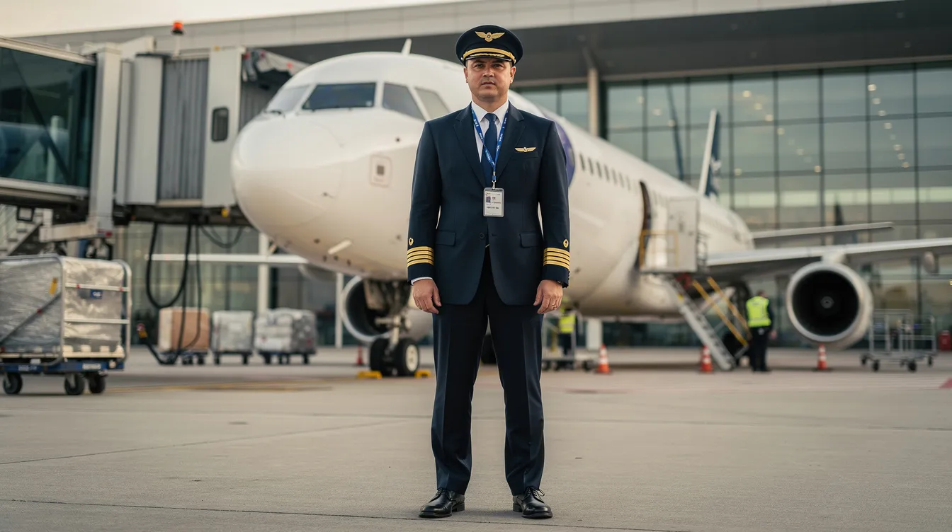 Ein Pilot in Uniform steht stolz vor einem Flugzeug am Gate, bereit für seinen nächsten Flug. Diese Szene verkörpert den Beruf des Piloten und die aufregende Karriere in der Luftfahrtbranche.