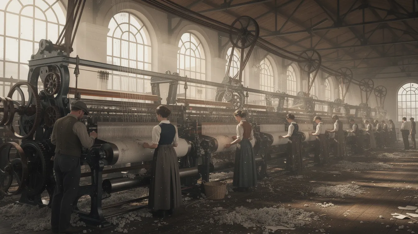 Das Bild zeigt eine historische Textilfabrik mit Arbeitern, die an mechanischen Webstühlen in einer großen Industriehalle arbeiten. Diese Szene spiegelt die industrielle Vergangenheit wider, die eng mit der Geschichte der Familie Quandt und ihrem Einfluss auf die Textilindustrie verbunden ist.
