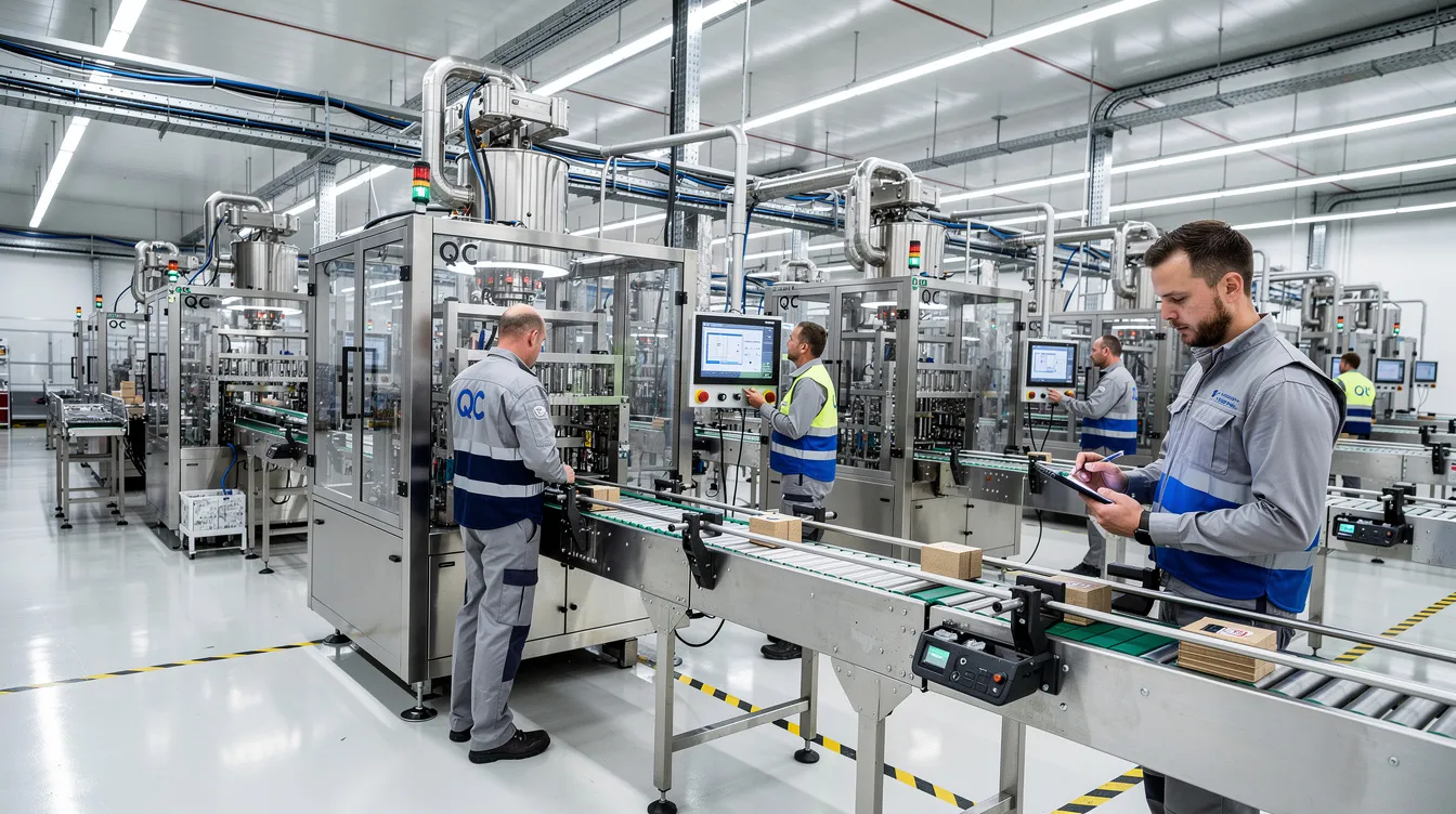 Die moderne Produktionsanlage zeigt hochentwickelte Edelstahl-Maschinen, die für die Herstellung von Nahrungsergänzungsmitteln wie Proteinpulver verwendet werden. In einem Bereich der Anlage wird die Qualitätskontrolle durchgeführt, um die hohen Standards der Elite Sports Nutrition und der Marke ESN zu gewährleisten.