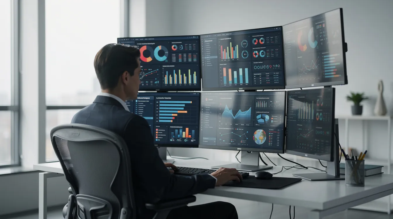 In der modernen Büroumgebung analysiert eine Person an mehreren Bildschirmen Daten und Dashboards, die wichtige Informationen für Unternehmen darstellen. Diese Szene spiegelt die Arbeit eines Wirtschaftsinformatikers wider, der sich mit den Strukturen und Anforderungen der Informationstechnologie beschäftigt.
