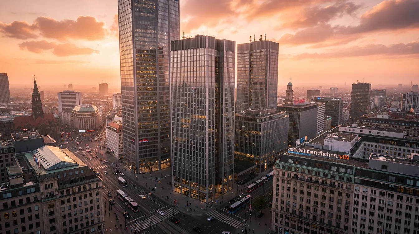 Die moderne Skyline einer deutschen Großstadt zeigt beim Sonnenuntergang beeindruckende Bürotürme, die das Finanzviertel prägen. Diese Architektur spiegelt den Reichtum und die Dynamik wider, die mit den reichsten Familien Deutschlands und deren Unternehmen verbunden sind.