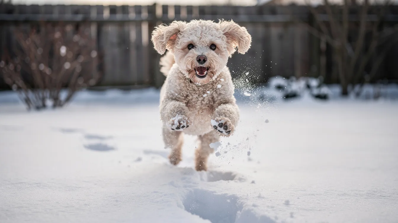 Ein kleiner lockiger Hund spielt fröhlich im Schnee in einem Garten, während die weißen Flocken um ihn herumwirbeln. Die Szene strahlt Freude und Unbeschwertheit aus, perfekt für einen Wintertag.