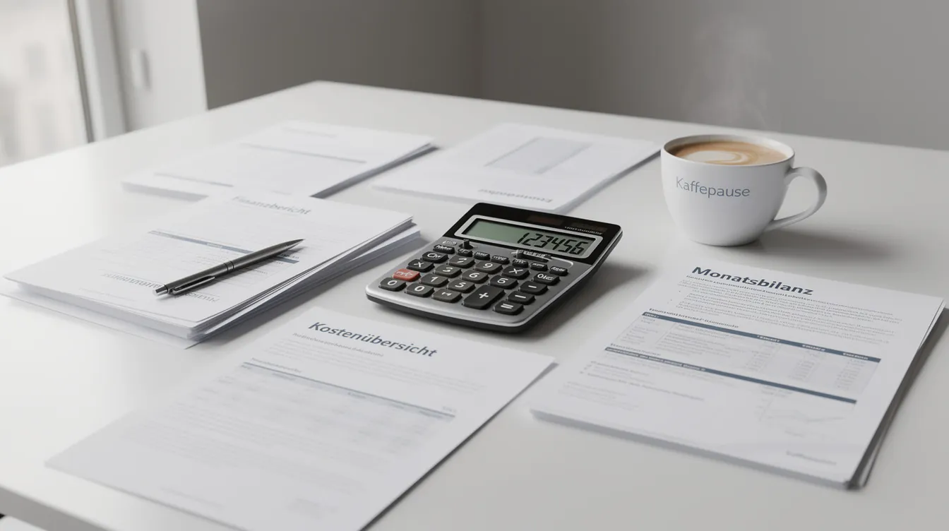 Auf einem aufgeräumten Schreibtisch liegen Finanzdokumente und ein Taschenrechner neben einer Kaffeetasse, was auf die Planung und Organisation von Stiftungsgründungen oder finanziellen Angelegenheiten hinweist. Die sorgfältige Anordnung der Utensilien vermittelt ein Gefühl von Professionalität und Konzentration auf die Themen wie Stiftungsvermögen und gemeinnützige Zwecke.