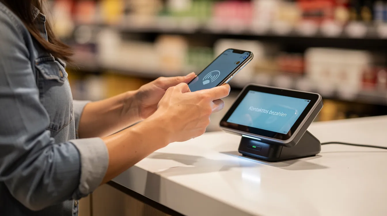 Eine Person steht an einem kontaktlosen Terminal in einem Geschäft und bezahlt mit ihrem Smartphone. Diese moderne Bezahlmethode spiegelt die Nutzung von Online-Bezahldiensten wie PayPal wider, die in Silicon Valley gegründet wurden.