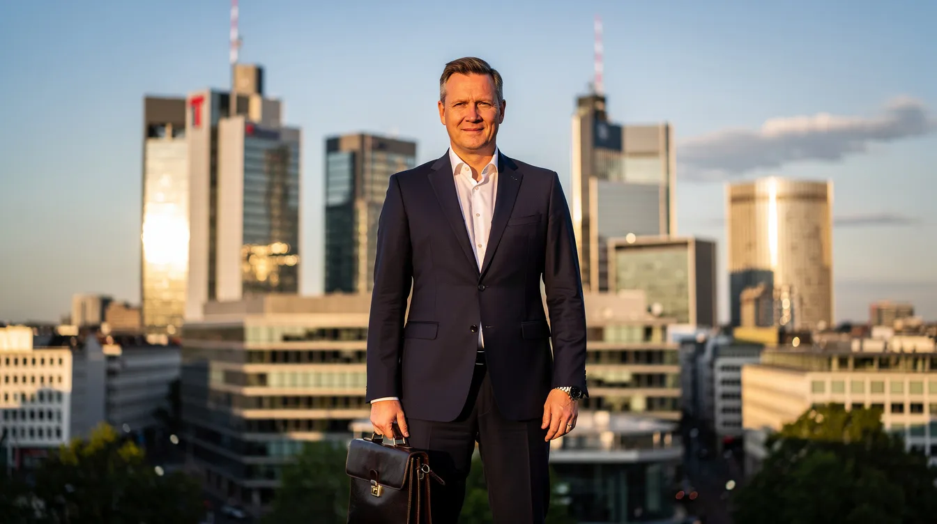 Ein Geschäftsmann im Anzug steht vor der beeindruckenden Skyline einer deutschen Großstadt mit modernen Hochhäusern. Diese Szene symbolisiert die Karrierechancen und das potenzielle Jahresgehalt eines Wirtschaftsingenieurs in der dynamischen Wirtschaft Deutschlands.