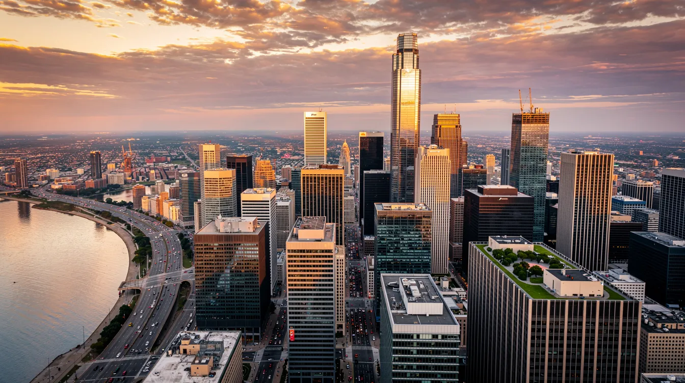 Luftaufnahme einer modernen Stadtsilhouette mit Wolkenkratzern des Finanzdistrikts bei Sonnenuntergang. Die Gebäude repräsentieren wichtige Unternehmen, die in der Wirtschaftsprüfung und Steuerberatung tätig sind, und bieten einen Überblick über die dynamische Finanzlandschaft der Stadt.