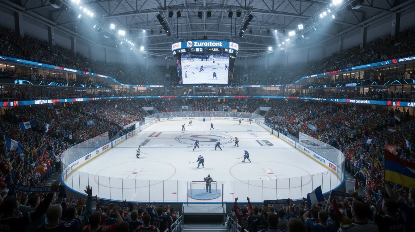 Die große moderne Eishockey-Arena ist bei einem Abendspiel voll besetzt, während die Zuschauer gespannt das Geschehen auf dem Eis verfolgen. Im Mittelpunkt steht der Eishockey-Star Leon Draisaitl, der als einer der Topverdiener in der NHL gilt und für die Edmonton Oilers spielt.