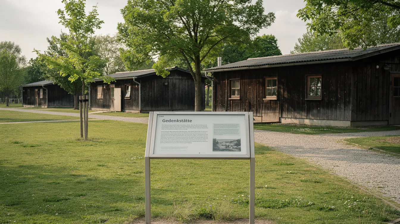 Die Gedenkstätte zeigt historische Barackengebäude, umgeben von einer parkähnlichen Landschaft, und ein Informationsschild, das auf die Verstrickungen der Familie Quandt in die Geschichte hinweist. Diese Stätte erinnert an die Rolle der Quandt-Dynastie und ihre Verbindung zur deutschen Industriegeschichte.