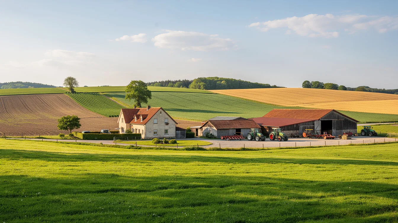 Das Bild zeigt eine grüne Wiese mit einem landwirtschaftlichen Betrieb im Vordergrund, umgeben von Feldern, die im Sonnenlicht leuchten. Im Hintergrund sind verschiedene landwirtschaftliche Produkte sichtbar, die die Qualität und Vielfalt der Region symbolisieren.
