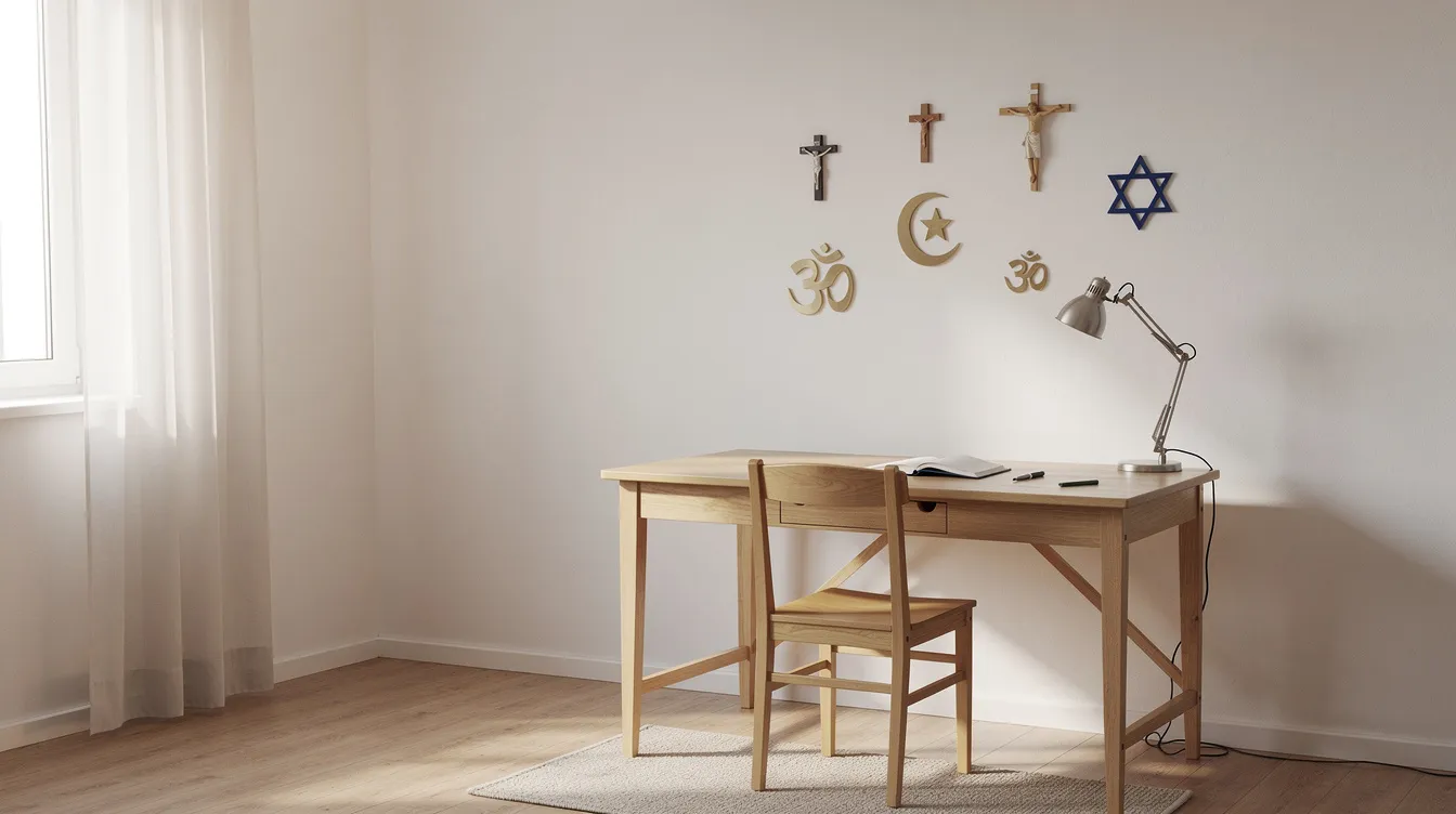 Das Bild zeigt ein einfach eingerichtetes Zimmer, das mit religiösen Symbolen dekoriert ist, darunter ein Kreuz und Bilder von Heiligen. In der Ecke steht ein Schreibtisch, der für die Aufgaben eines Kardinals oder eines Geistlichen genutzt werden könnte, während der Raum eine ruhige und besinnliche Atmosphäre ausstrahlt, die für das Leben im Kirchenstaat typisch ist.