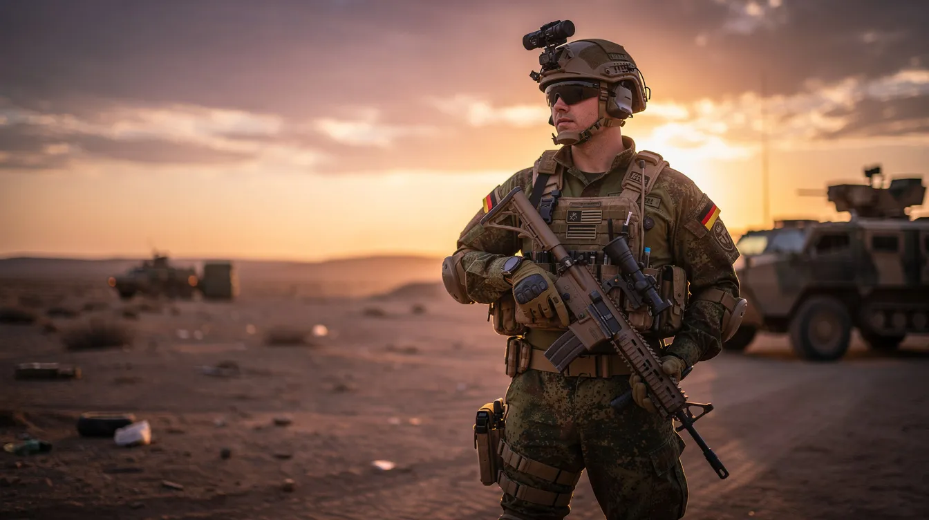 Ein Bundeswehr-Soldat in voller Ausrüstung steht in einer Einsatzregion bei Sonnenuntergang. Die Silhouette des Soldaten hebt sich vor dem bunten Himmel ab und symbolisiert die Verantwortung und den Dienstgrad, den Soldatinnen und Soldaten in Deutschland tragen.