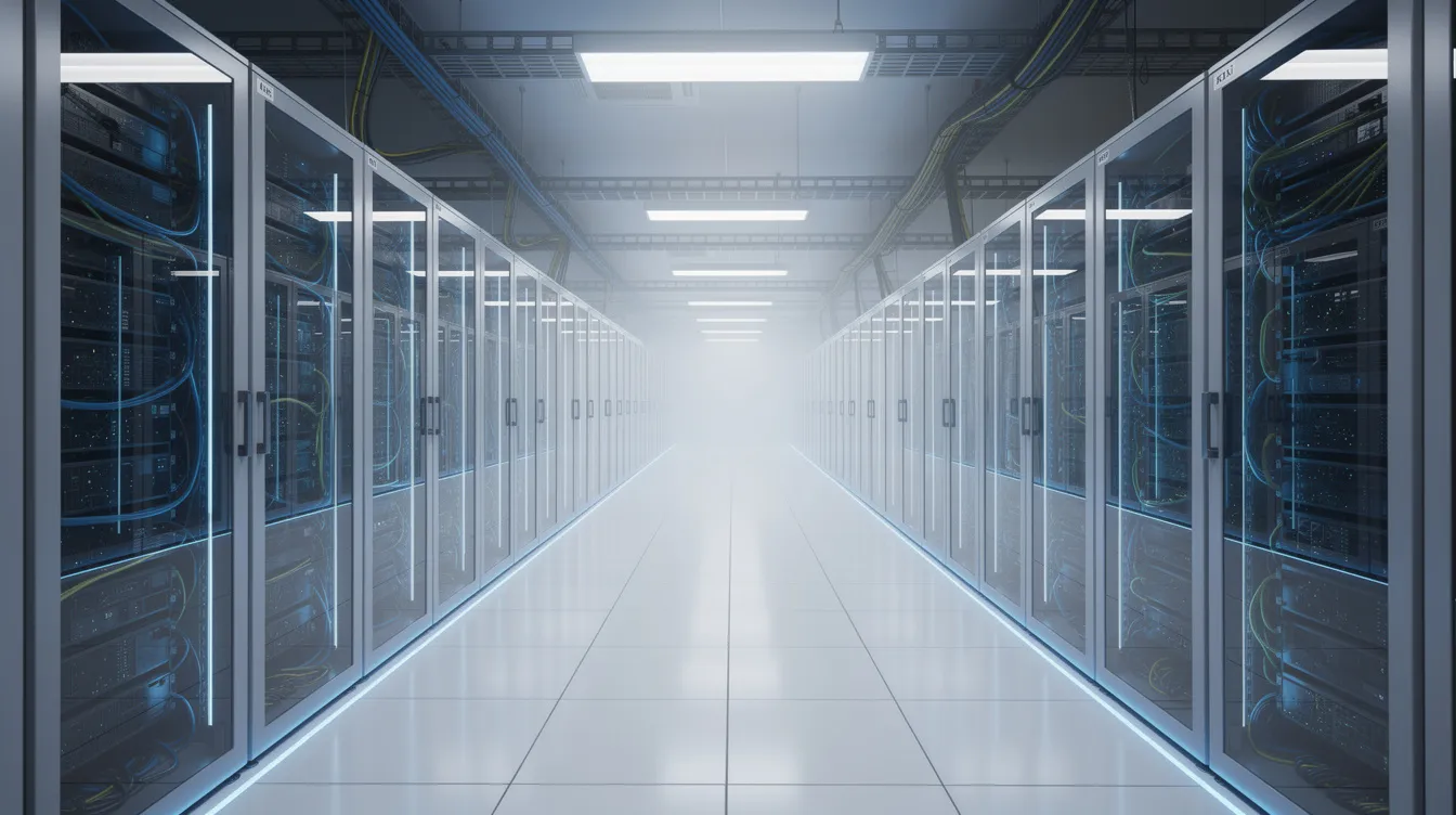 Das Bild zeigt eine moderne Rechenzentrumsarchitektur mit langen Reihen von Servern, die in einem kühlen blauen Licht beleuchtet sind. Diese futuristische Umgebung könnte Teil der Infrastruktur sein, die von einigen der reichsten Familien Deutschlands, wie der Familie Kühne oder der Familie Otto, genutzt wird, um ihre milliardenschweren Unternehmen zu unterstützen.