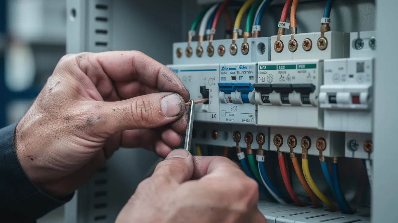Nahaufnahme von Händen eines Elektrikers, die sorgfältig Kabel in einem Schaltschrank verbinden. Diese Tätigkeit ist ein wichtiger Teil der Ausbildung zum Elektroinstallateur und spielt eine zentrale Rolle in der Gebäudetechnik.