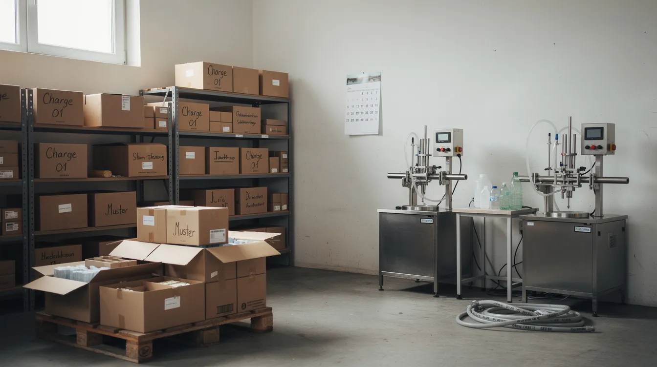 Die kleine Lagerhalle zeigt Kartons und Abfüllmaschinen, die die Anfänge eines Start-ups symbolisieren, das sich auf hochwertige Sportnahrung und Nahrungsergänzungsmittel spezialisiert hat. Diese Umgebung spiegelt die Leidenschaft und den Fortschritt wider, die mit der Entwicklung von Produkten für die Bodybuilding-Community und Athleten verbunden sind.