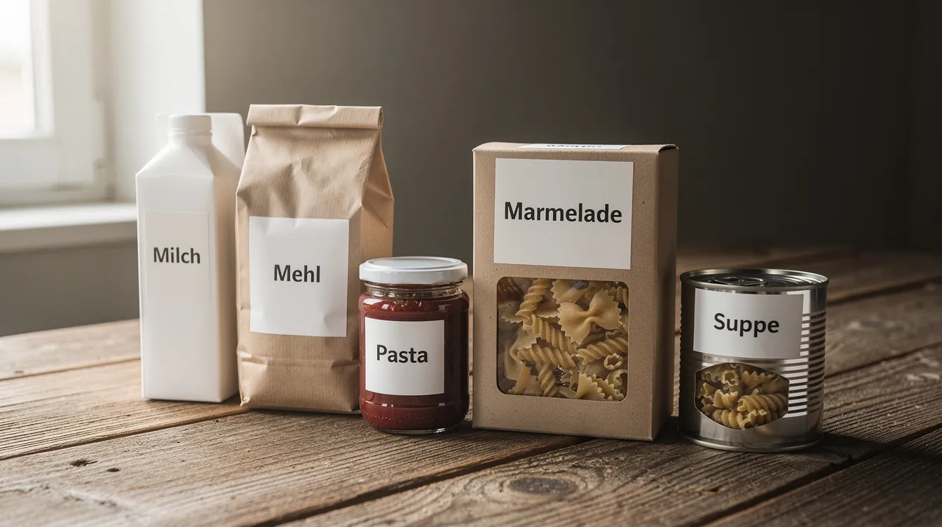 Auf einem Holztisch sind verschiedene einfach gestaltete Lebensmittelverpackungen nebeneinander angeordnet, darunter Produkte der Rewe Eigenmarken wie Rewe Bio und Rewe Beste Wahl. Die Verpackungen zeigen eine Vielzahl von Lebensmitteln, die in einem Supermarkt erhältlich sind, und verdeutlichen die Auswahl und Qualität der angebotenen Artikel.