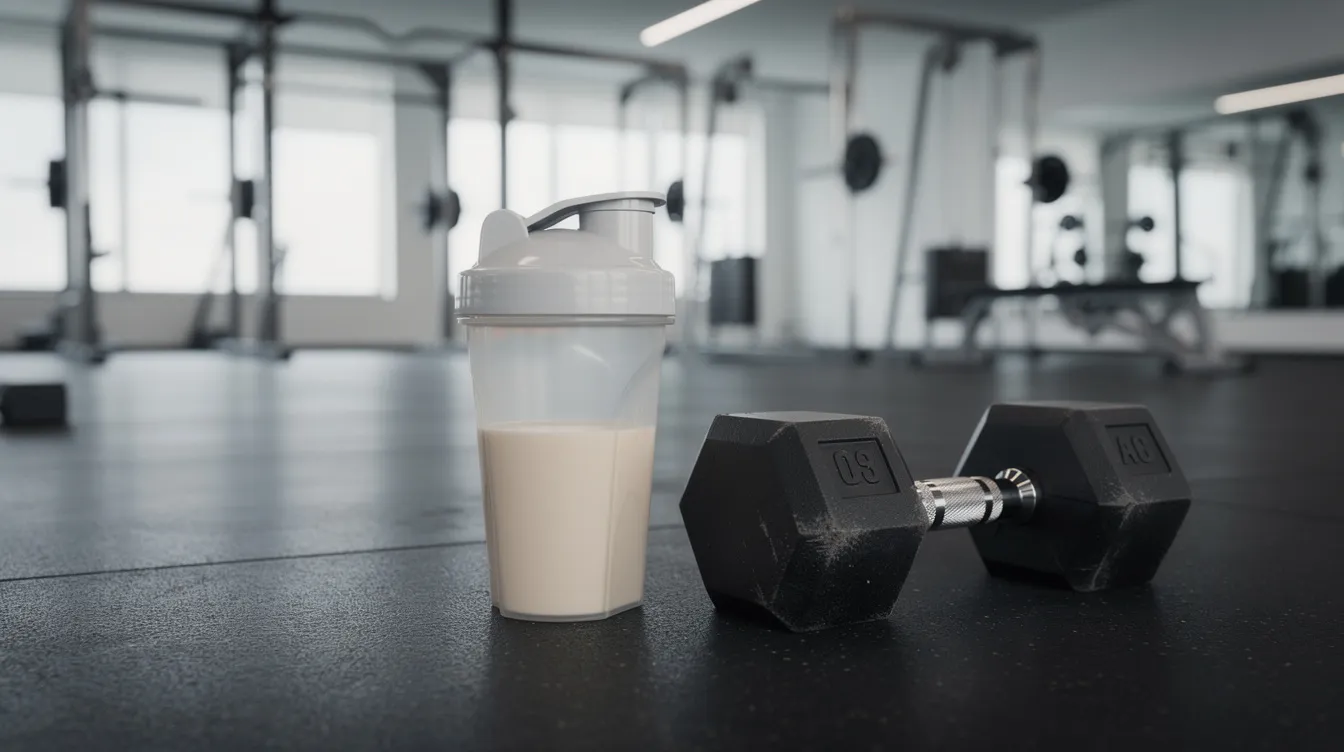 In einem modernen Fitnessstudio sind ein Protein-Shaker und Hanteln auf einem Tisch platziert, die auf eine aktive Fitness- und Bodybuilding-Community hinweisen. Diese Produkte, die häufig mit Marken wie ESN und More Nutrition assoziiert werden, sind Teil der Sportnahrung und unterstützen Athleten beim Muskelaufbau und der Leistungssteigerung.