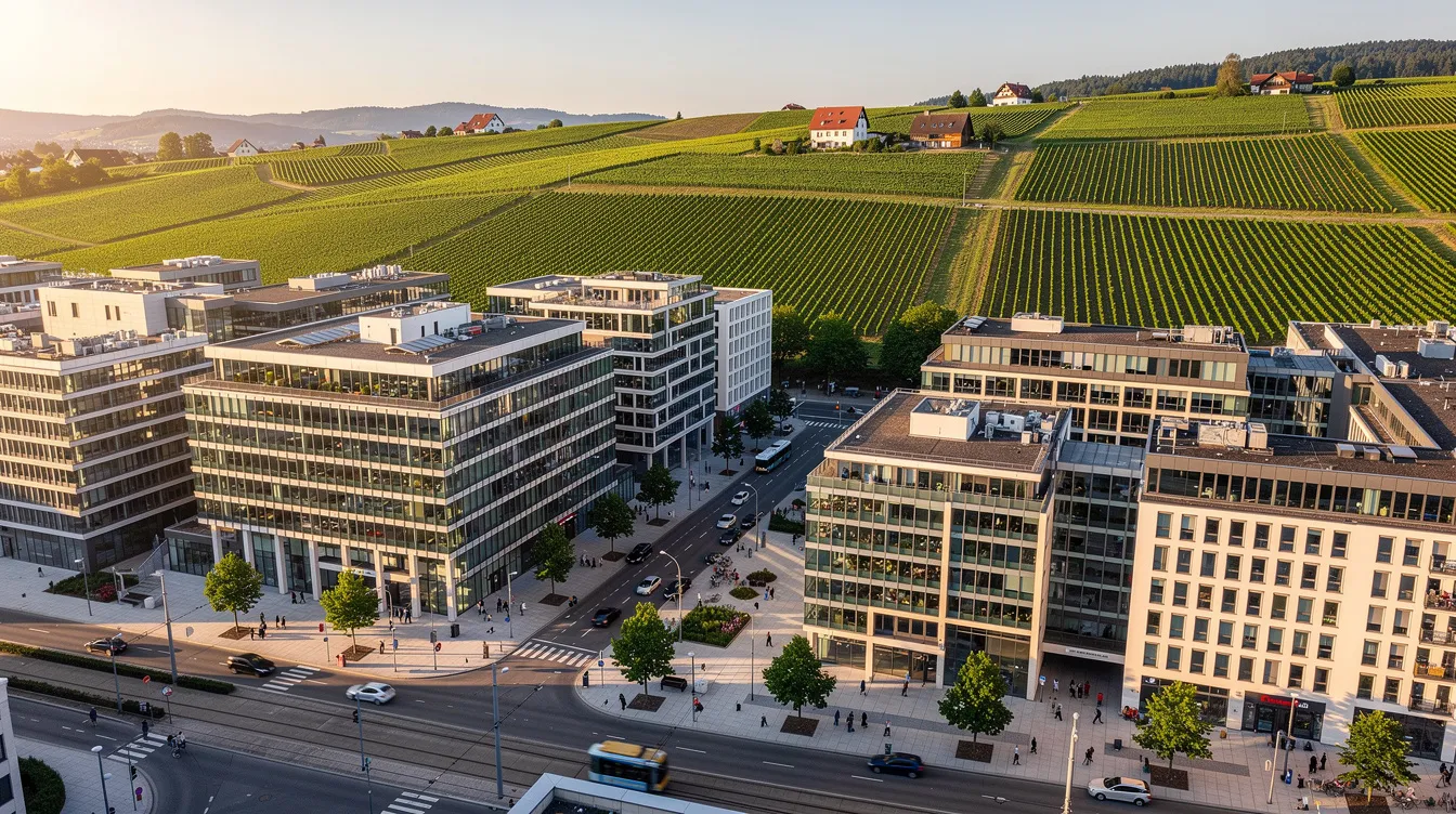 Die Luftaufnahme zeigt eine moderne Stadt in Süddeutschland, umgeben von malerischen Weinbergen. Im Vordergrund sind moderne Gebäudekomplexe zu sehen, die das urbane Leben und den wirtschaftlichen Erfolg der Region, möglicherweise beeinflusst durch Unternehmen wie Lidl und Kaufland, widerspiegeln.