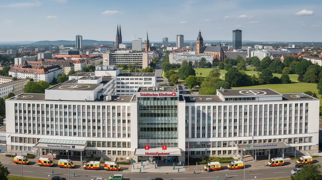 Ein Panoramablick zeigt eine deutsche Großstadt mit modernen Krankenhausgebäuden im Vordergrund, die Teil des Gesundheitssystems sind. Die Szene vermittelt den Eindruck von urbaner Dynamik und der Bedeutung von Berufen wie dem des Physician Assistant in der medizinischen Versorgung.